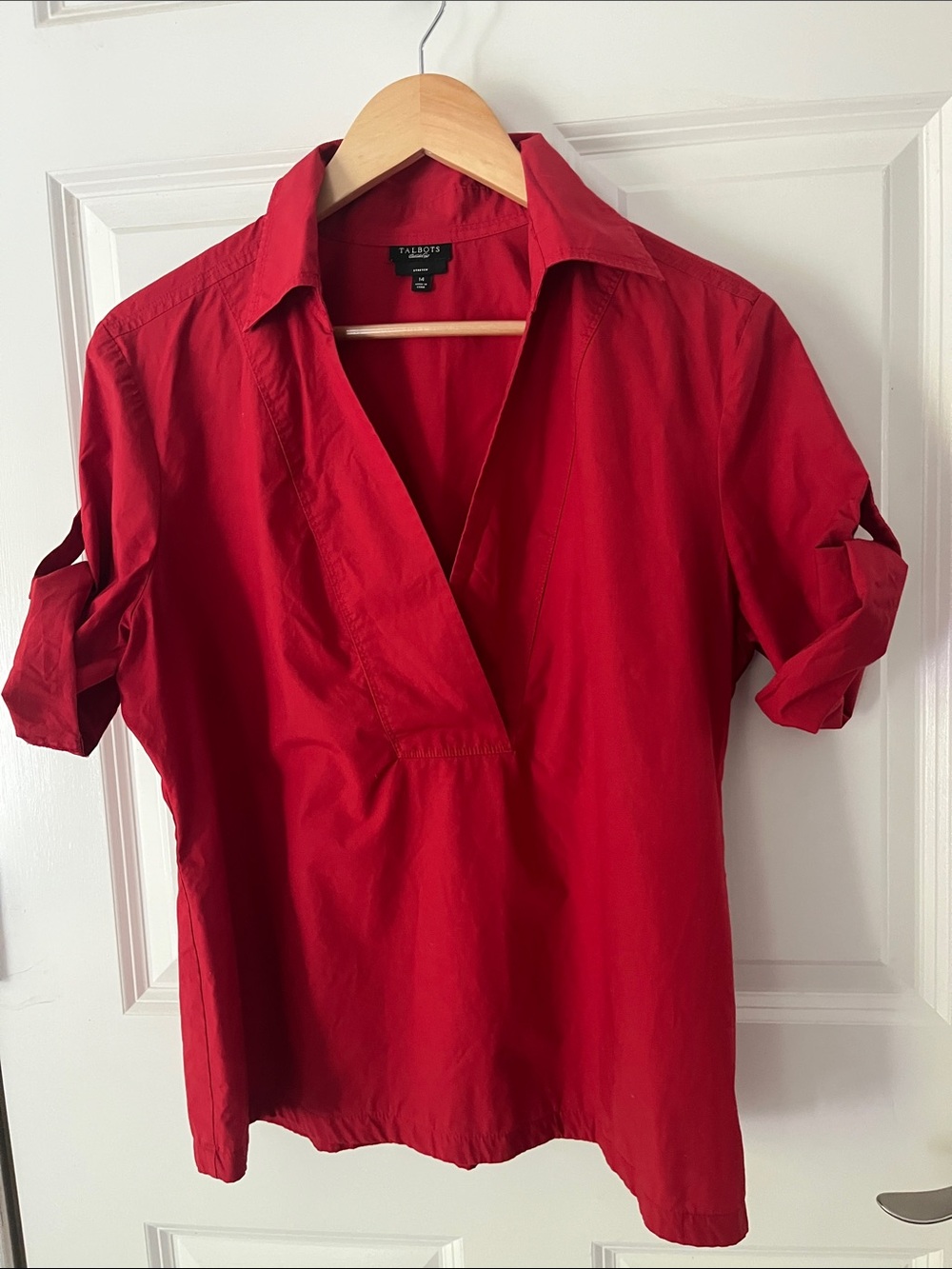 TALBOTS Red Vneck 3/4 Sleeve Popover Blouse roll up, cotton stretch sz 14